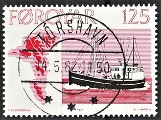 FRIMÆRKER FÆRØERNE | 1977 | AFA 19 | Færøske fiskefartøjer - 125 øre rød/lilla/sort - Lux Stemplet